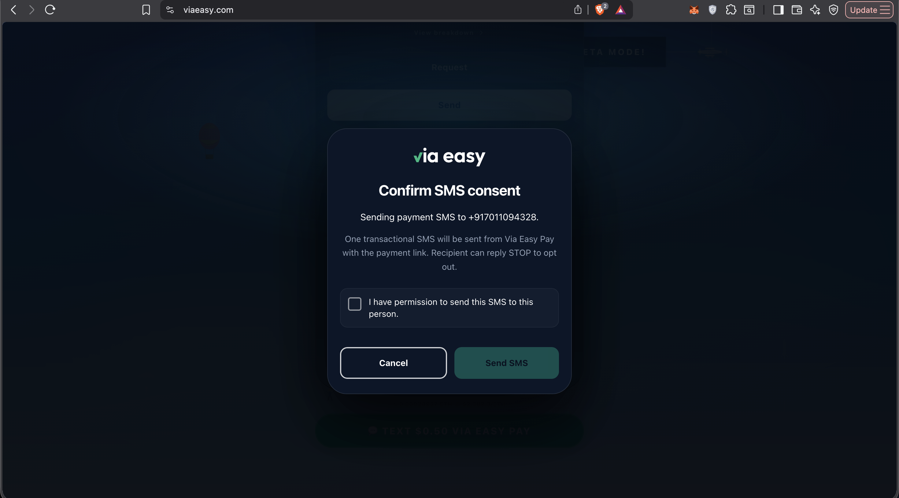 Via Easy Pay Confirm SMS consent modal: transactional SMS notice, permission checkbox unchecked, Send SMS disabled