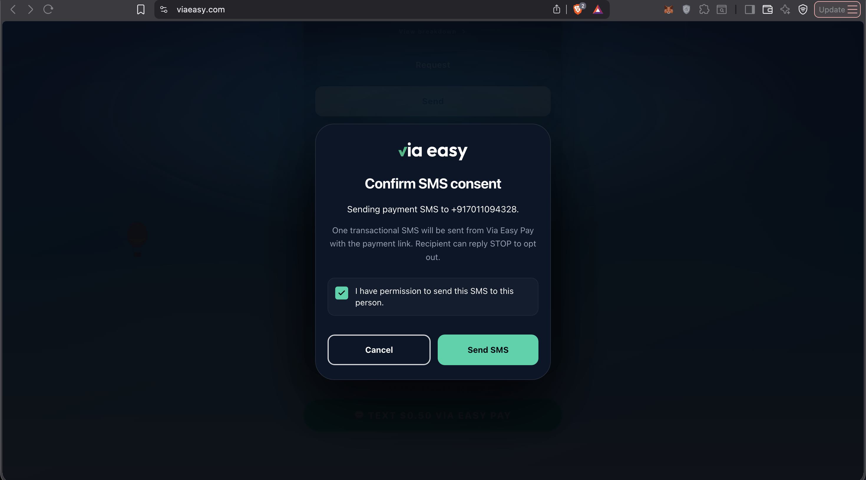 Via Easy Pay Confirm SMS consent modal with permission checked and Send SMS available
